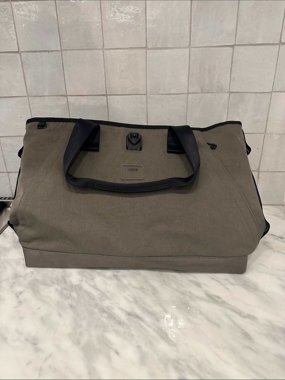 Essential Large East West Tumi Tote- Olive Canvas Duffel with Black Trim